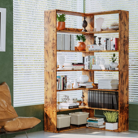 Industrial 6-Tier Corner Bookshelf with Baffles - Vintage Brown Decorative Storage Rack for Home & Office IRONCK