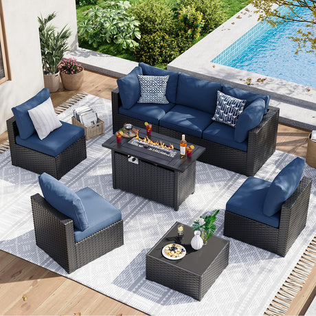 Aoxun 8 Piece Patio Furniture Set with 44” Fire Pit Table Wicker Rattan Patio Sectional Sofa Set Outdoor Seating Furniture with Thickened Cushion, Navy Blue Aoxun