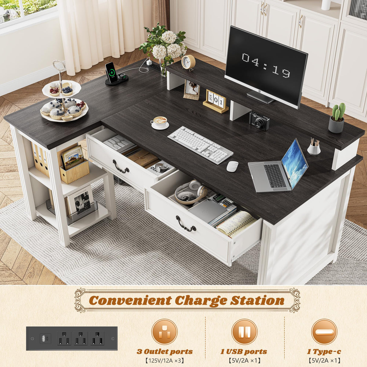 EnHomee 55" Computer Desk, L Shaped Desk with Drawers, Office Desk with Long Monitor Stand, Farmhouse Desk with Power Outlets & LED Lights, Home Office Desks for Bedroom with Storage Shelves EnHomee