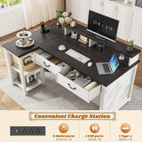 EnHomee 55" Computer Desk, L Shaped Desk with Drawers, Office Desk with Long Monitor Stand, Farmhouse Desk with Power Outlets & LED Lights, Home Office Desks for Bedroom with Storage Shelves EnHomee