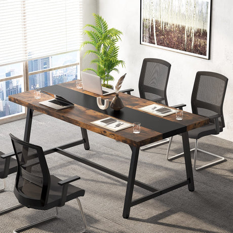 Tribesigns 6FT Rectangle Conference Table, 70.87L x 33.46W x 29.92H Inches Meeting Table for Conference Room, Vintage Wood Office Executive Desk with Strong Metal Frame for 6 People (Rustic Brown) Tribesigns