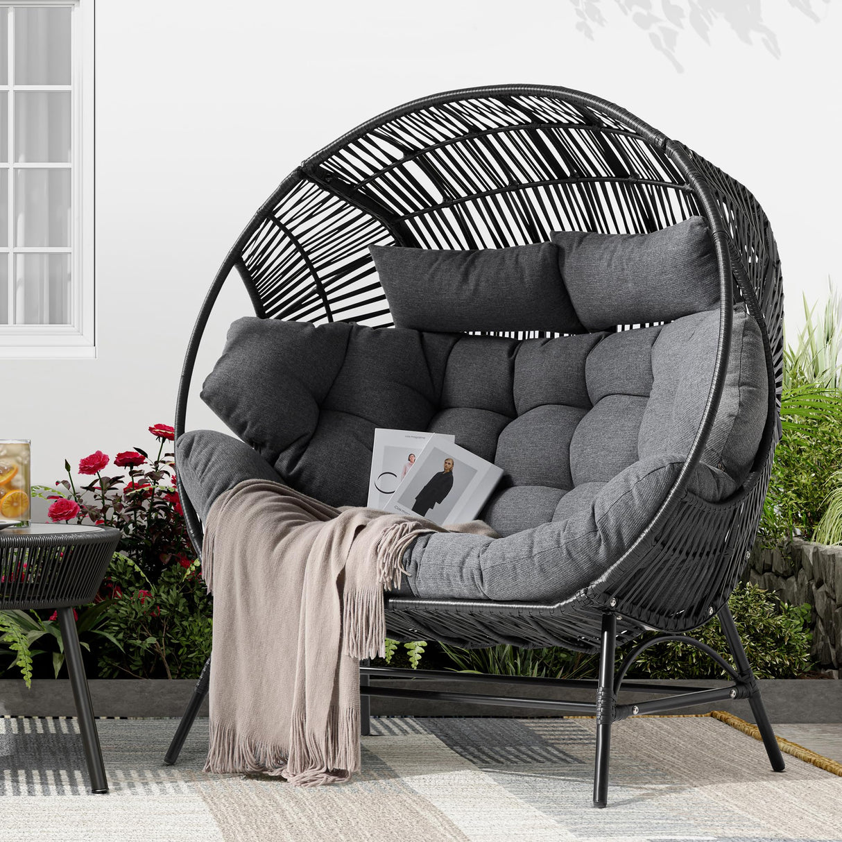 IRONCK 2 Person Egg Chair Outdoor Indoor, Oversized Double Wicker Lounge Chair, Thickened Padded Cushions and Headrests, 680Lbs Egg Loveseat for Patio, Balcony, Living Room, Porch, Gray IRONCK
