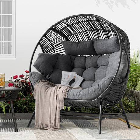 IRONCK 2 Person Egg Chair Outdoor Indoor, Oversized Double Wicker Lounge Chair, Thickened Padded Cushions and Headrests, 680Lbs Egg Loveseat for Patio, Balcony, Living Room, Porch, Gray IRONCK