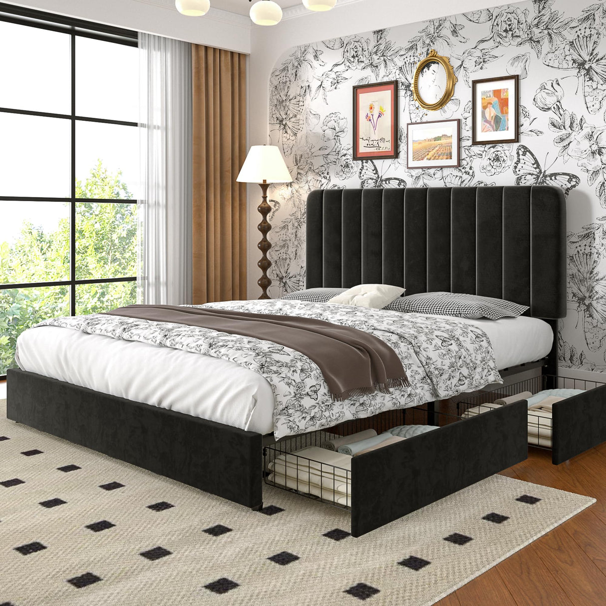 VECELO Queen Size Upholstered Bed Frame with 4 Drawers and Headboard, Velvet Platform Storage Bedframe, Wooden Slats Support, No Box Spring Needed,Black VECELO