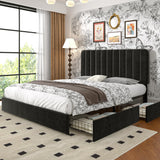 VECELO Queen Size Upholstered Bed Frame with 4 Drawers and Headboard, Velvet Platform Storage Bedframe, Wooden Slats Support, No Box Spring Needed,Black VECELO