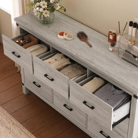 LINSY HOME Dresser for Bedroom with 9 Drawers, 59” Wide Chest with Deep Drawer, Modern Farmhouse Dresser TV Stand with Metal Handles, Wood Storage Cabinet for Closet, Living Room, Hallway, Wash Grey LINSY HOME