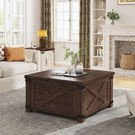 EnHomee 35.7" W Farmhouse Coffee Table with Storage, Large Square Coffee Table for Living Room, Wood Coffee Table with Flip-Top Lids, Coffee Tables with Hinged Lift Top, Brown EnHomee