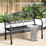 PHI VILLA 43 Inch Cast Iron Steel Frame Outdoor Garden Bench, Patio Furniture Chair Bench w/Floral Design Backrest, Slatted Seat for Park, Yard, Porch - Black PHI VILLA