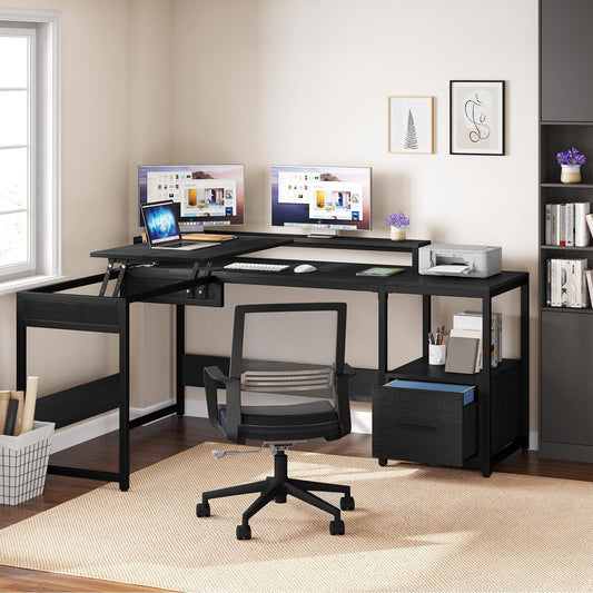 YITAHOME L Shaped Desk with File Drawer, 65" Large Computer Desk Corner Desk with Lift Top, Standing Desk Height Adjustable with Monitor Stand & Storage Shelves for Home Office, Black - WoodArtSupply