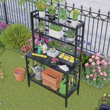 FUXJUM 63” Metal Potting Bench&Table with Metal Tabletop, 4-Tier Plant Shelves, 8 Side Hooks, Outdoor/Indoor Gardening Workstation and Plant Stand, Black FUXJUM