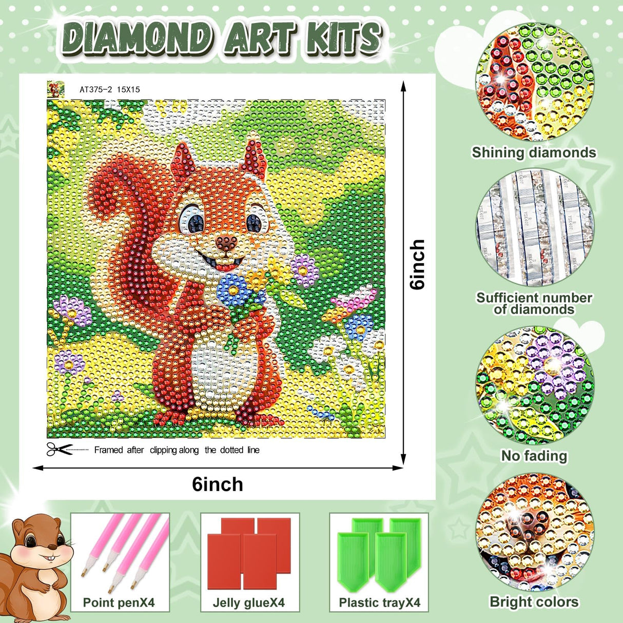 UPINS 4 Pack Cartoon Diamond Art Kits, 6 x 6 Inch Cute Animals DIY Diamond Arts Painting Kits for Adults Beginner Full Round Drill Gem Art for Home Wall Decor Present UPINS