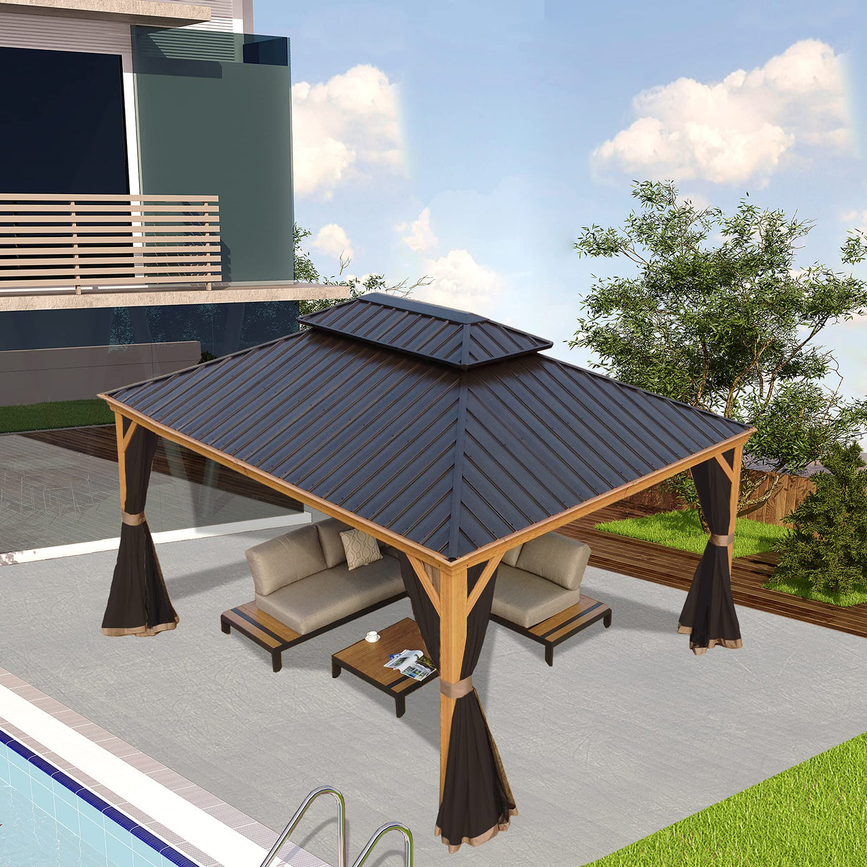 Kozyard Apollo 12’x16’ Hardtop Gazebo, Wooden Coated Aluminum Frame Canopy with Galvanized Steel Double Roof, Outdoor Permanent Metal Pavilion with Netting for Patio, Deck and Lawn (12ft x 16ft) Kozyard