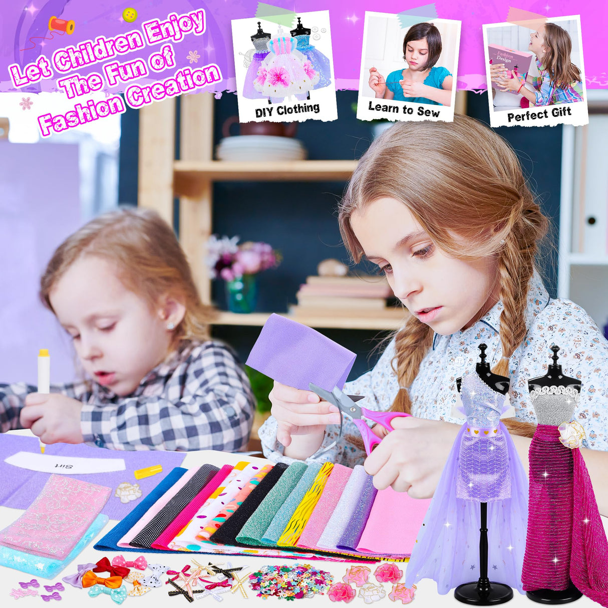 MINIFUN 1500+Pcs Fashion Designer Kit for Girls, Sewing Kit with 7 Mannequins, DIY Arts and Crafts Kit for Kids, Doll Clothes Making Kit, Girl Toys for Age 6 7 8 9 10 11 12 Year Old Gifts MINIFUN