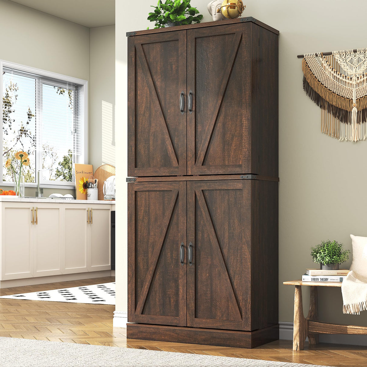 Hlivelood Farmhouse Kitchen Pantry Cabinet, 71" Tall Storage Cabinet with Adjustable Shelves & 4 Barn Doors & Drawer, Rustic Wood Cupboard for Kitchen, Dining Room, Living Room, Brown Hlivelood