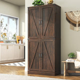 Hlivelood Farmhouse Kitchen Pantry Cabinet, 71" Tall Storage Cabinet with Adjustable Shelves & 4 Barn Doors & Drawer, Rustic Wood Cupboard for Kitchen, Dining Room, Living Room, Brown Hlivelood