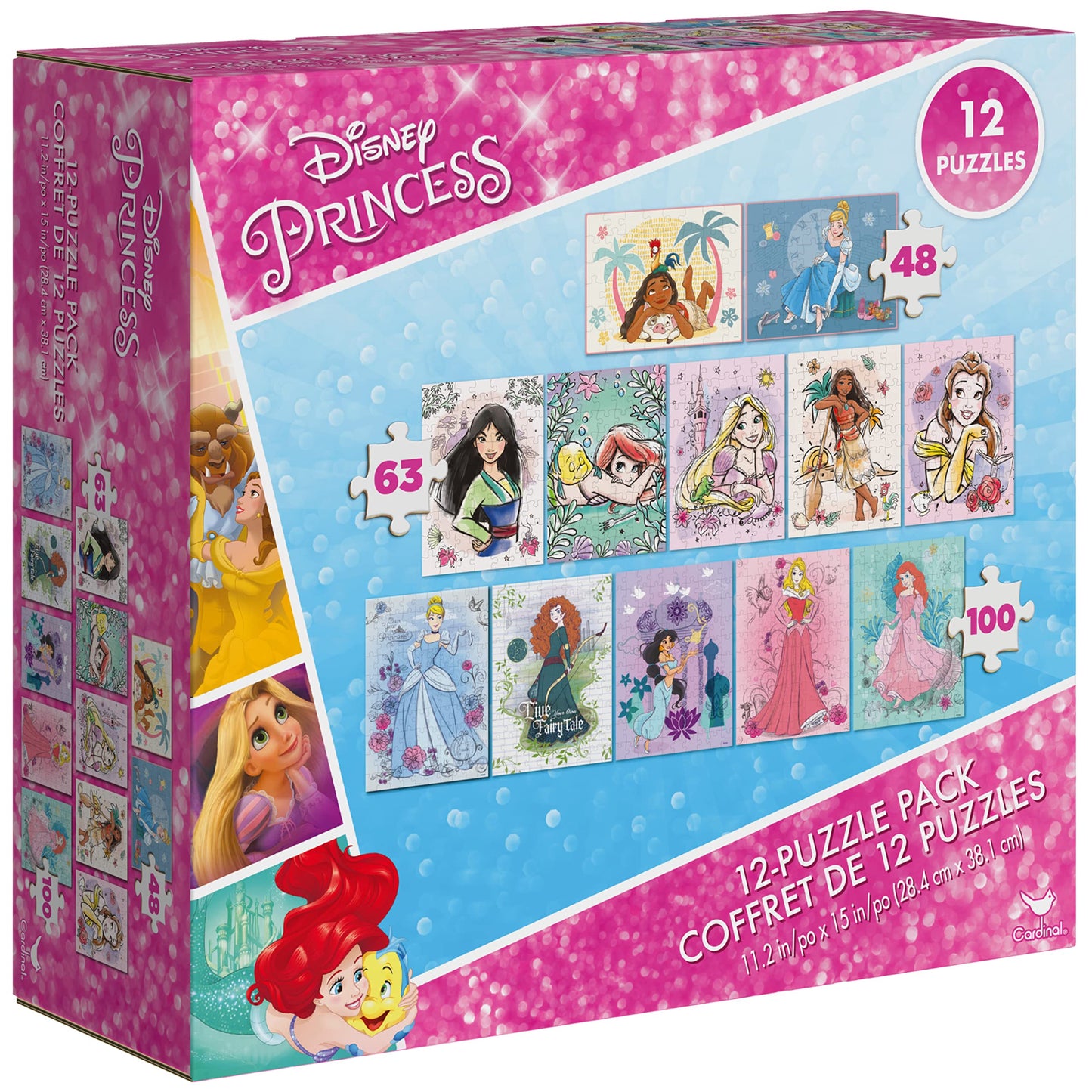 Spin Master Games, Disney Princess, 12-Puzzle Pack with 48-Piece, 63-Piece, & 100-Piece Disney Puzzles for Kids, Christmas Gifts for Kids, for Ages 4+