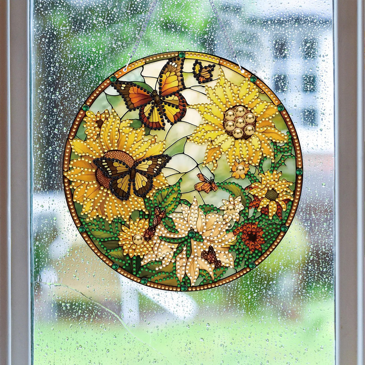 LYENYI 5D Sunflower Butterfly Diamond Painting Kits for Adults Hanging Sign Wall Art Sign Diamond Art Suncatcher Hanging Ornament Home Garden Wall Door Hanging Painting Kits, Yellow LYENYI