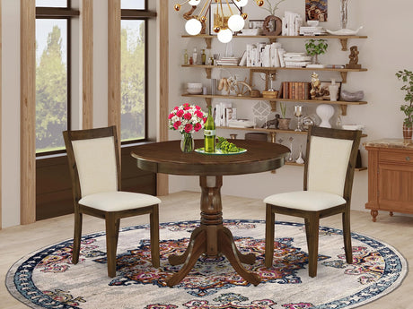 East West Furniture ANMZ3-AWA-32 3 Piece Dining Room Table Set Consist of a Round Kitchen Table with Pedestal and 2 Parson Dining Chairs, 36x36 Inch, Antique Walnut East West Furniture
