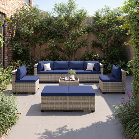 Sweecci 9-Piece Patio Furniture Set, Outdoor Sectional with Ottomans, Modular Patio Sofa, Dual-Strand Wicker Rattan, Rust-Resistant Frame, Backyard Furniture for Garden, Deck, Navy Blue Sweecci