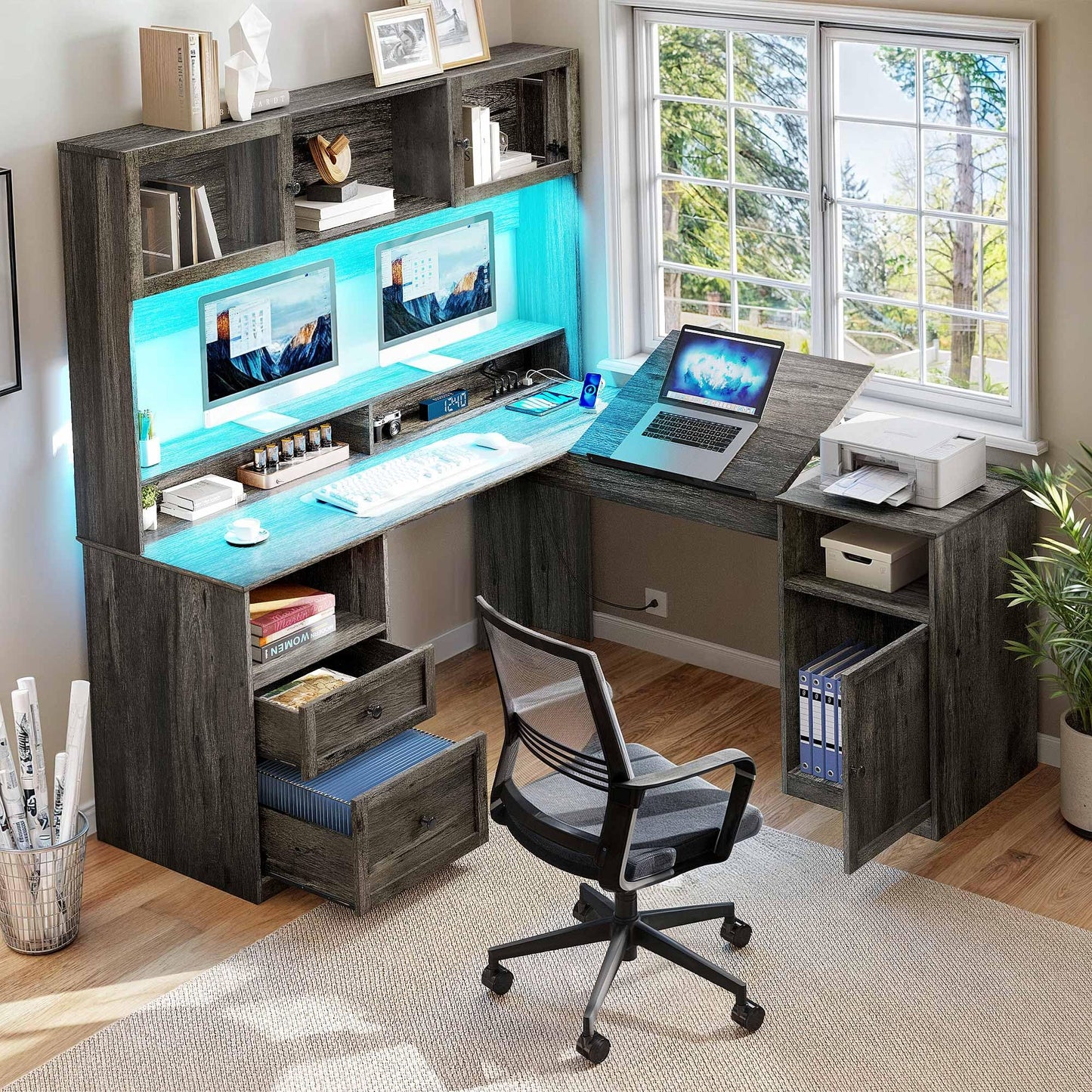 YITAHOME L Shaped Desk with Drawers & Hutch, 61" Computer Desk with Power Outlets & LED Lights, Corner Office Desk with Storage Cabinet, Drafting Table, Wood Desk, Grey - WoodArtSupply