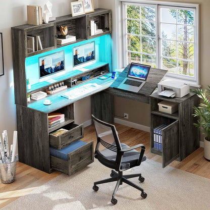 YITAHOME L Shaped Desk with Drawers & Hutch, 61" Computer Desk with Power Outlets & LED Lights, Corner Office Desk with Storage Cabinet, Drafting Table, Wood Desk, Grey - WoodArtSupply