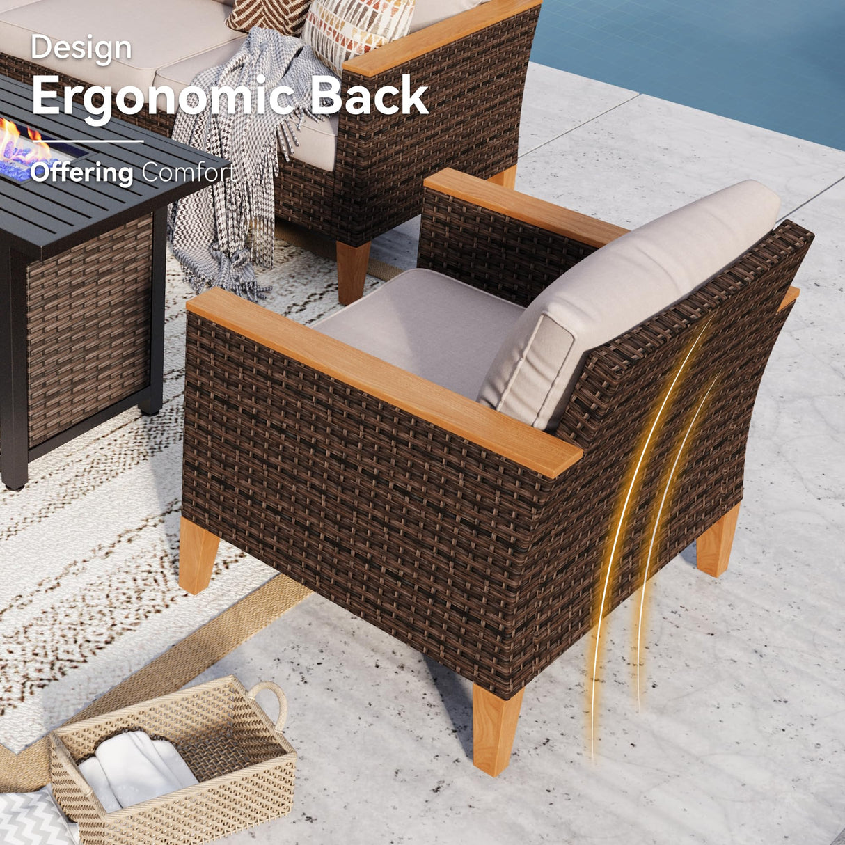 GREEN PARTY 7 Pieces Wicker Patio Furniture Set with 56" Fire Pit Table, All-Weather Outdoor Rattan Patio Sectional Sofa Conversation Set 7 Seats with 4" Thick Cushions for Garden, Backyard GREEN PARTY