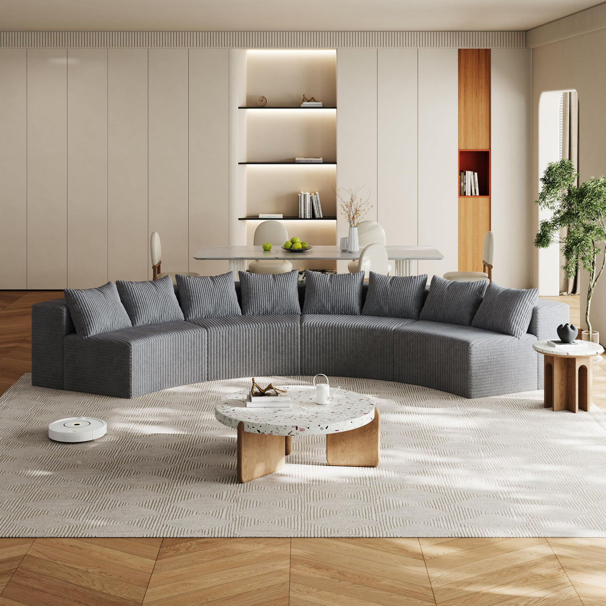 KEIKI Corduroy Curved Sectional Sofa, 4 Seater Symmetrical Modular Semi Circular Couch, Deep Seat Tufted Corner Sofa for Living Room, Lobby, Gray KEIKI
