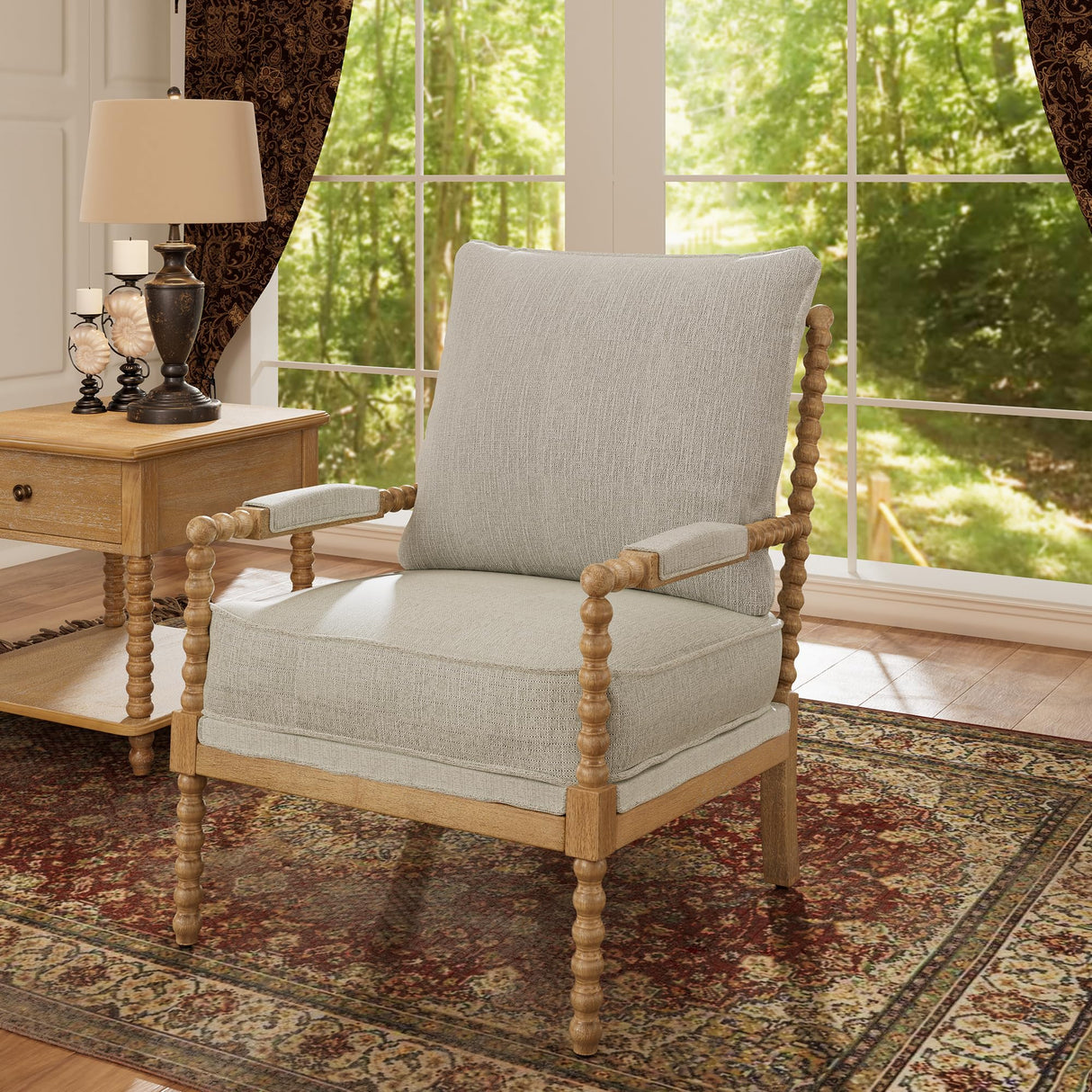 Morden Fort Linen Fabric Spindle Accent Chair with Wood Frame, French Style Accent Chairs with Padded Spring Seat and Armrest Pads, Brushed Base for Living Room Bedroom Farmhouse Office Balcony(Beige) Morden Fort