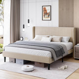IDEALHOUSE Queen Upholstered Bed Frame with Wingback Headboard, Luxurious Velvet Upholstery Platform Bed, Wooden Slat Support, and Easy Assembly - Box Spring Optional, Beige IDEALHOUSE