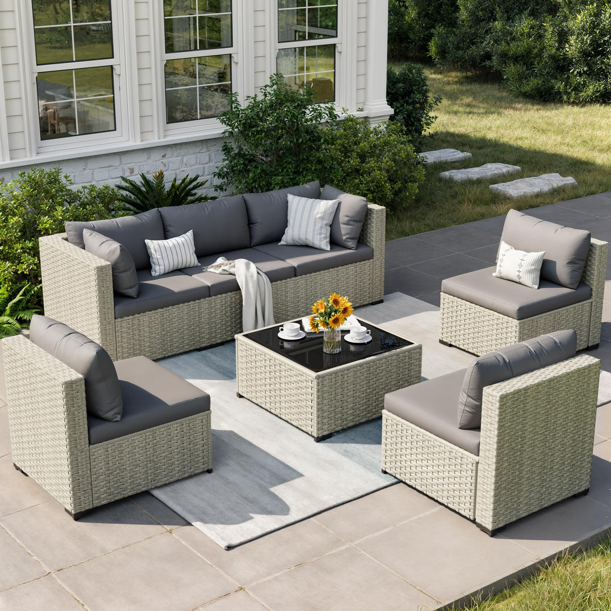 VONZOY Patio Furniture Set, 7-Piece Outdoor Sectional All-Weather Wicker Patio Conversation Set for Backyard (Grey Cushions with Grey Rattan) VONZOY