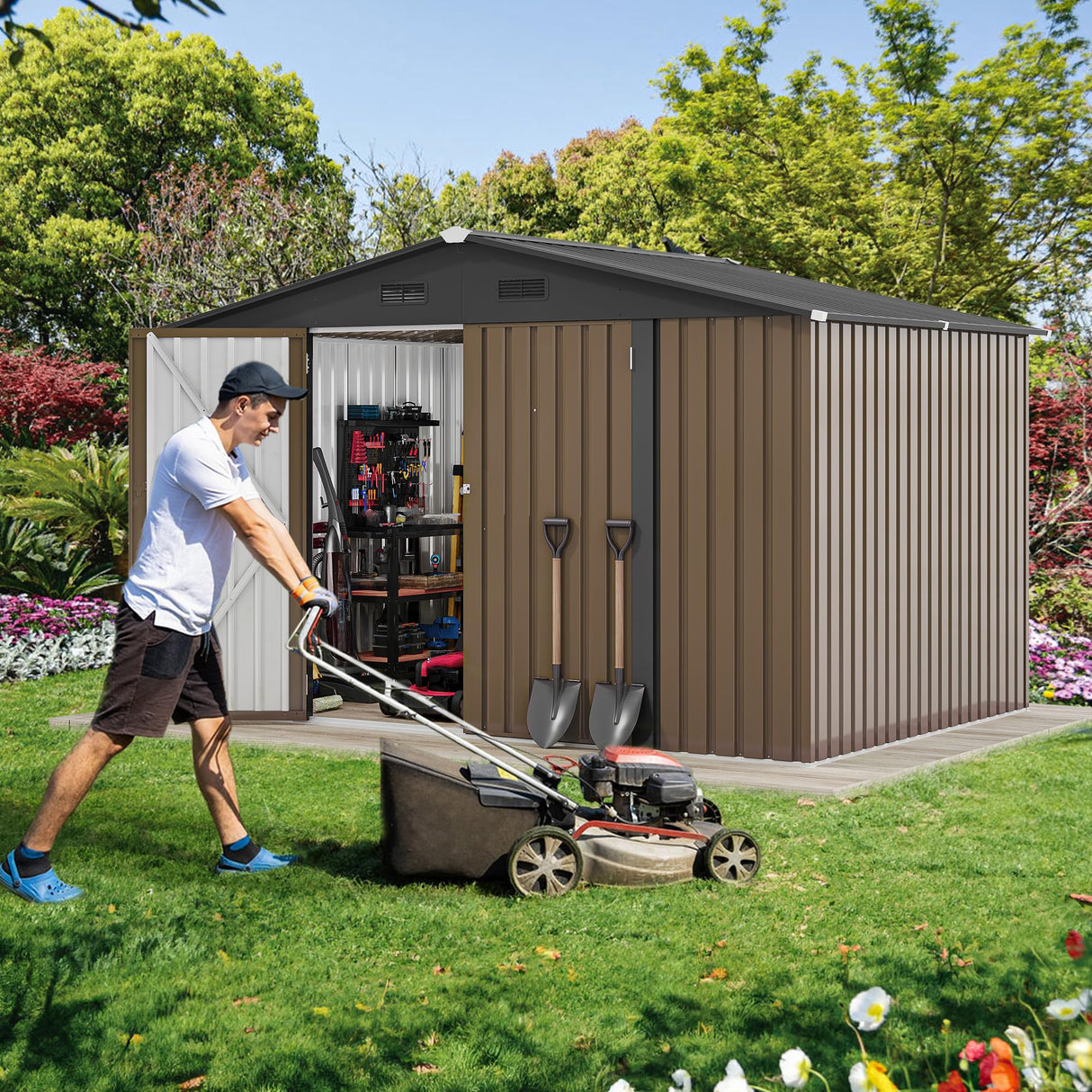 DWVO 10x8FT Outdoor Storage Shed, Spacious Metal Tool Shed with Lockable Doors & Ventilation for Patio, Lawn, and Backyard, Ideal for Storing Garden Equipment, Lawnmowers, and Bicycles, Brown DWVO