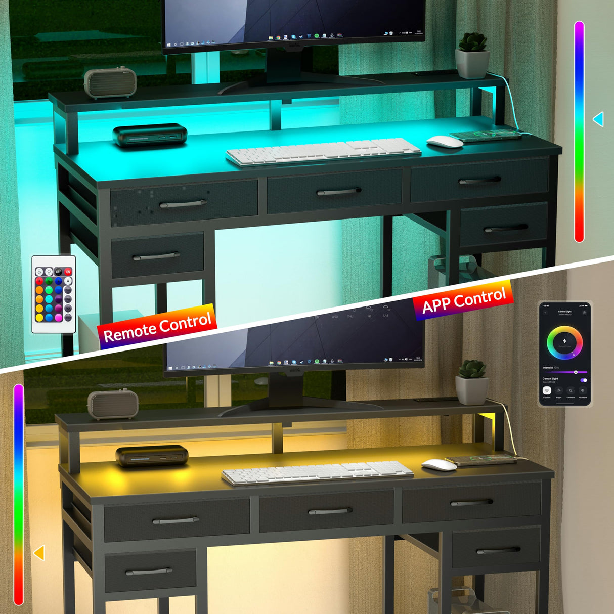 Uniheim Black Computer Desk with Drawers, Gaming Desk with LED Light & Power Outlet, 47" Home Office Desk with Large Storage & Monitor Stand for Small Space Uniheim