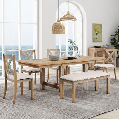 Linique 6-Piece Extendable Dining Table Set, Farmhouse Dining Table with Footrest, 2 Removable Leaf, 4 Upholstered Dining Chairs & 1 Bench, Natural+Beige Cushion - WoodArtSupply