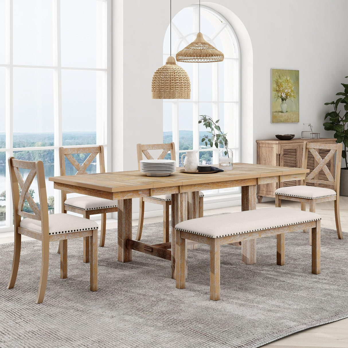 XD Designs Farmhouse 6-Piece Extendable Dining Room Table Sets, Acacia Wood 82'' Dining Table with 2 Removable Leaf and Upholstered Dining Chairs& Bench, Soft Cushion with Rivet (Natural+Be) XD Designs