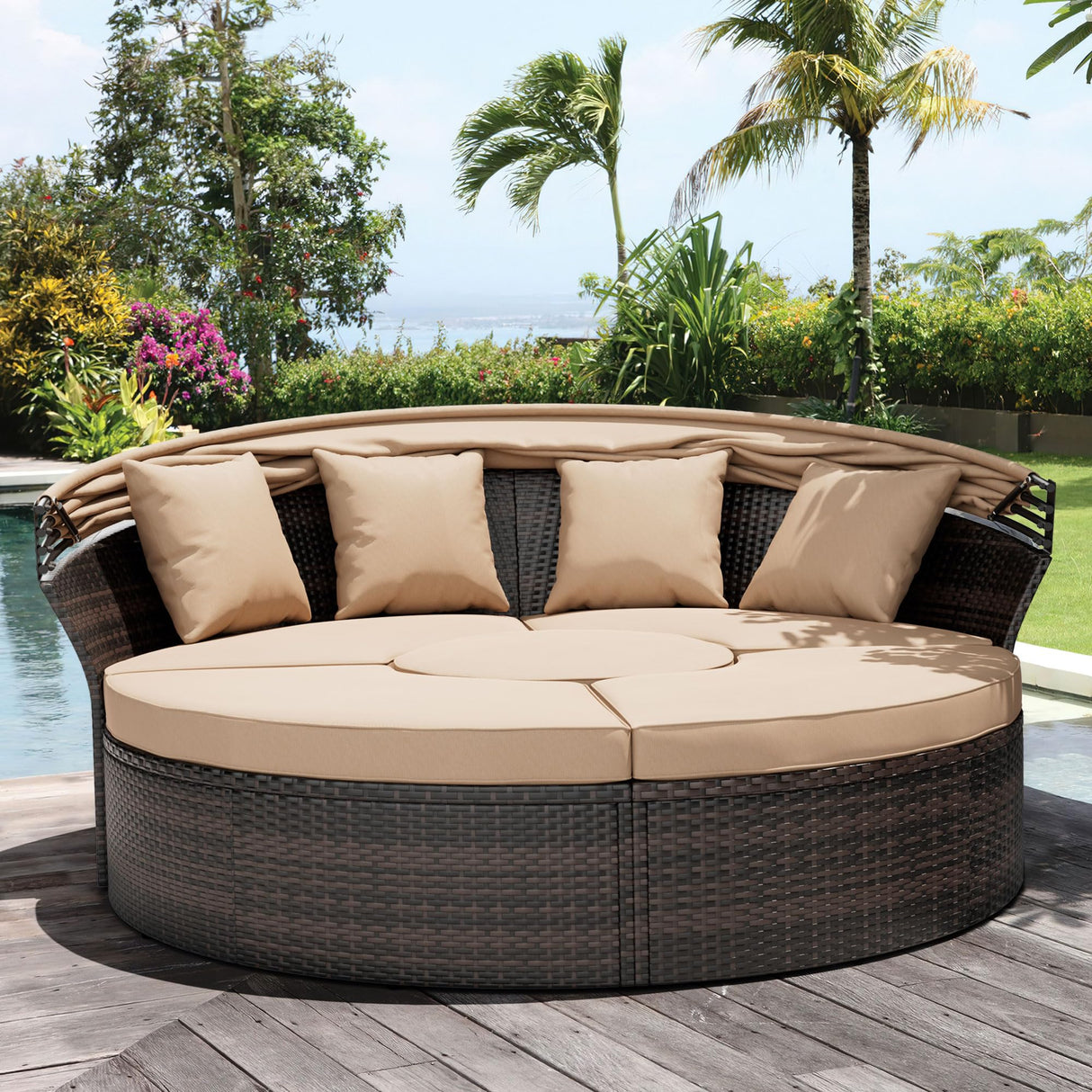 Crownland Round Outdoor Daybed with Retractable Canopy,Patio Daybed with Washable Cushions, Clamshell Sectional Seating, Wicker Furniture for Patio, Garden, Pool (Light Brown) Crownland