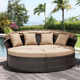 Crownland Round Outdoor Daybed with Retractable Canopy,Patio Daybed with Washable Cushions, Clamshell Sectional Seating, Wicker Furniture for Patio, Garden, Pool (Light Brown) Crownland