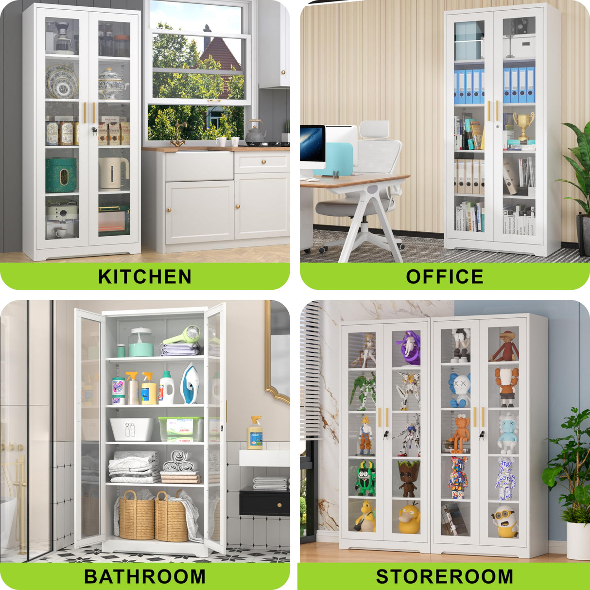 UNICOLY Storage Cabinet with Doors and Shelves, Display Cabinet with Glass Doors, Pantry Cabinet, Curio Cabinet with Locking Doors, Metal Storage Cabinet for Office,Kitchen,Living Room 71” H White UNICOLY