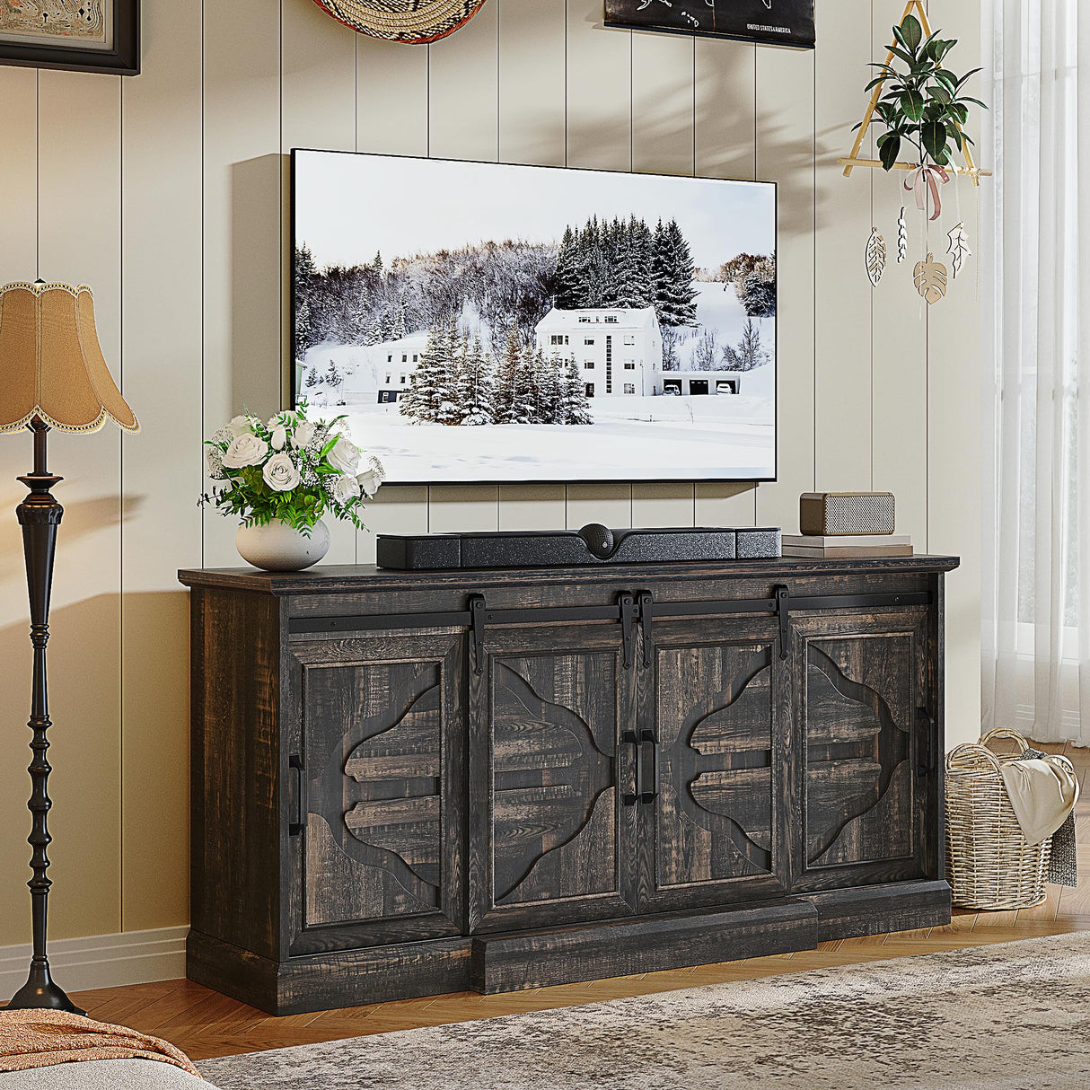 YITAHOME TV Stands with Power Outlets for 70/65 Inch Television, Modern Farmhouse Entertainment Center TV Media Console with Barn Sliding Doors & Adjustable Shelf for Living Room, Dark Rustic Oak YITAHOME