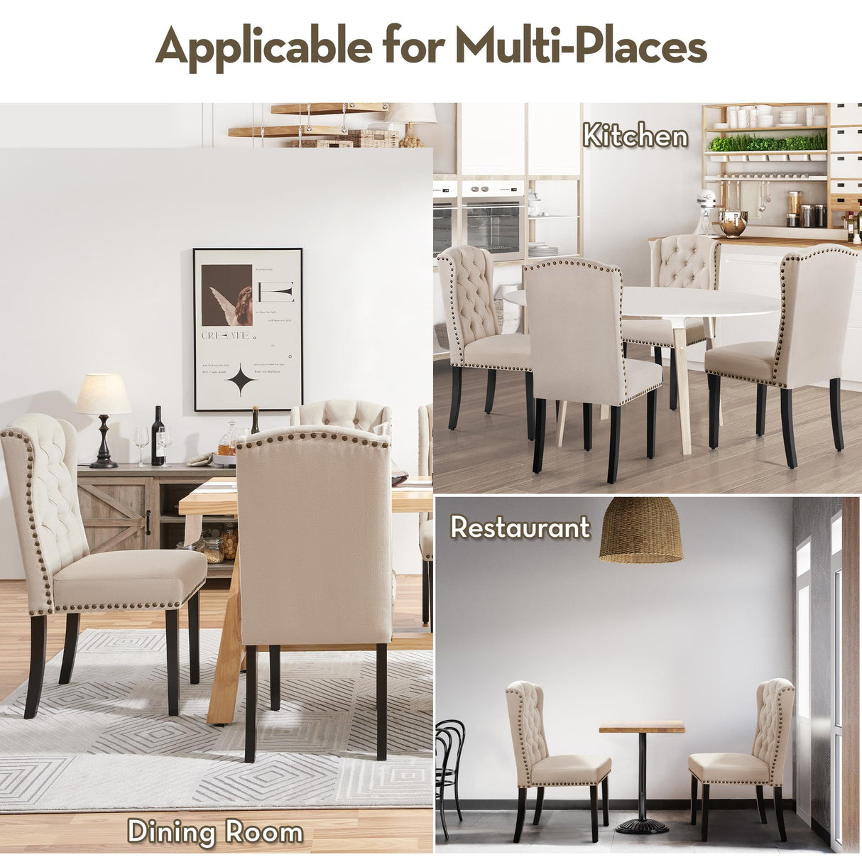 Yaheetech Dining Chairs Upholstered Fabric Chairs Tufted Kitchen Chairs with Solid Wood Legs, Nailhead Trims for Dining Room Kitchen and Restaurant, 1 Package of 2pcs, Beige Yaheetech
