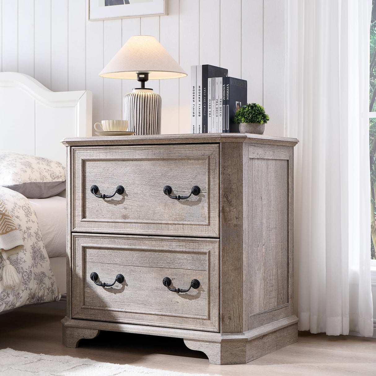 T4TREAM 30" Farmhouse Nightstand with Wooden Tabletop, Large End Table, 2 Spacious Drawers Bedside Table with Framed Drawer Fronts Design, Night Stand for Bedroom, Living Room, Light Rustic Oak T4TREAM