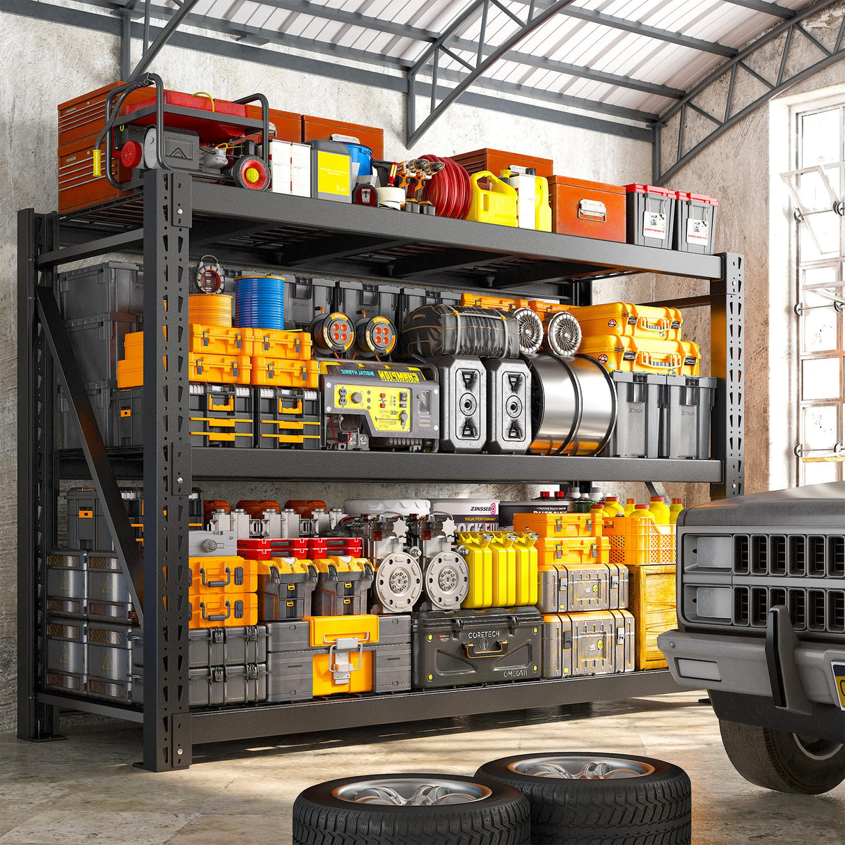 Bepatio 8250LBS Garage Shelving Heavy Duty Storage Shelves Industrial Metal Shelving Adjustable 3-Tier Shelves for Garage, Warehouse Basement 24" D × 60" W × 66" H Bepatio