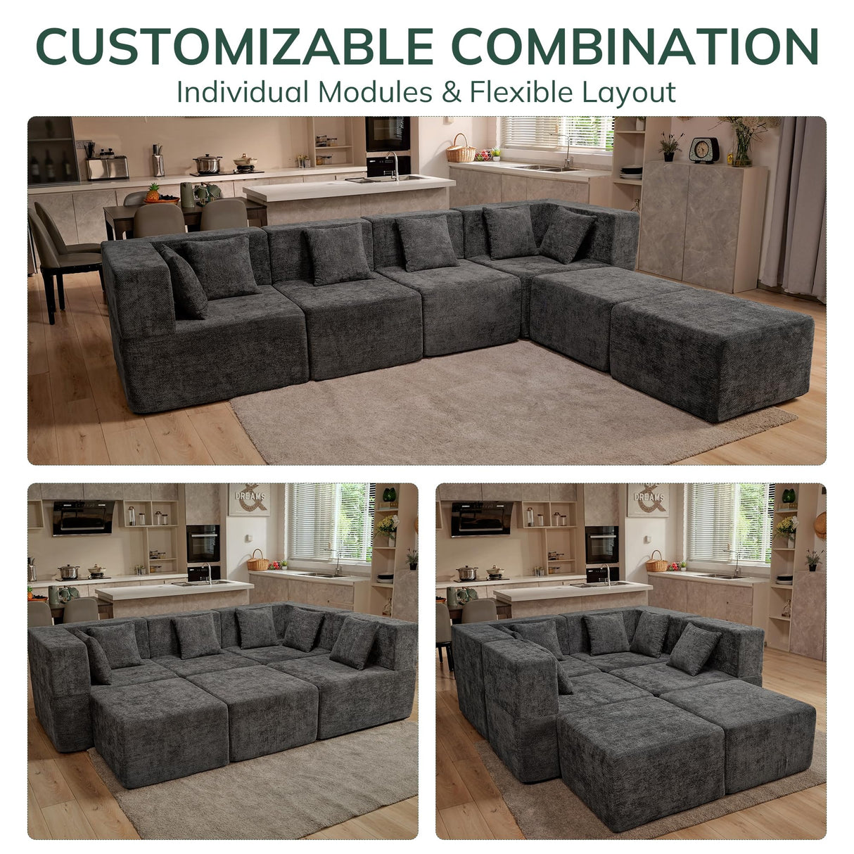 MONVANE Modular Sectional Cloud Couch for Living Room - 130'' 4 Seater Convertible Chenille Couches Set with Ottoman, No Assembly Compression Sofas, Comfy Floor Sofa with Memory Foam, Dark Grey MONVANE