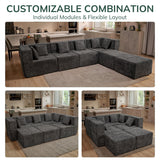 MONVANE Modular Sectional Cloud Couch for Living Room - 130'' 4 Seater Convertible Chenille Couches Set with Ottoman, No Assembly Compression Sofas, Comfy Floor Sofa with Memory Foam, Dark Grey MONVANE