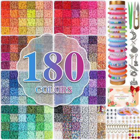 XSEINO 33000Pcs Clay Beads Bracelet Making Kit - 180Colors 8Boxes Polymer Clay Beads and 2 Styles Letter Beads，with Rich Jewelry Making Accessories and 3 Rolls Crystal Cord, for Crafts Christmas Gifts XSEINO