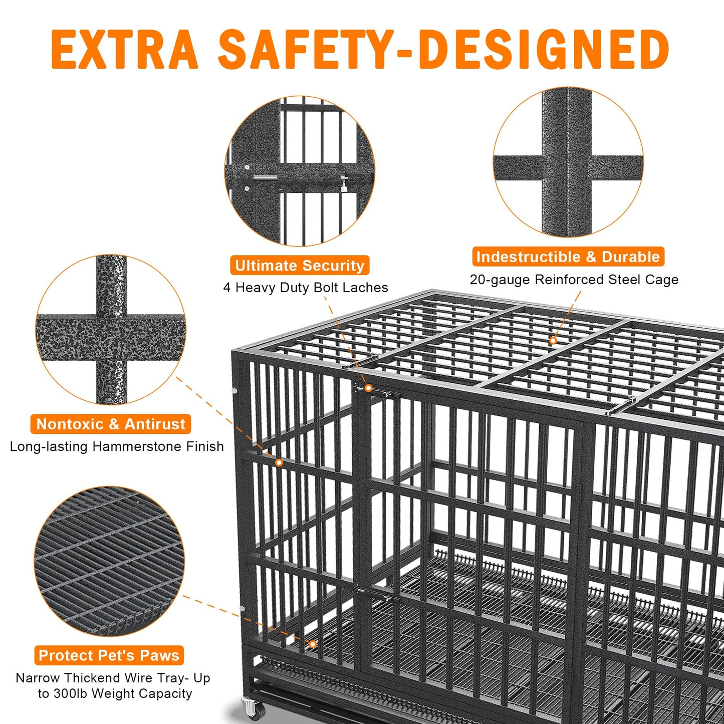 BOLDBONE 54/48/42/38 inch Heavy Duty Indestructible and Escape-Proof Dog Crate Cage Kennel for Large Dogs, High Anxiety Dog Crate with Removable Crate Trays, Wheels and Double Door, Extra Large XL XXL