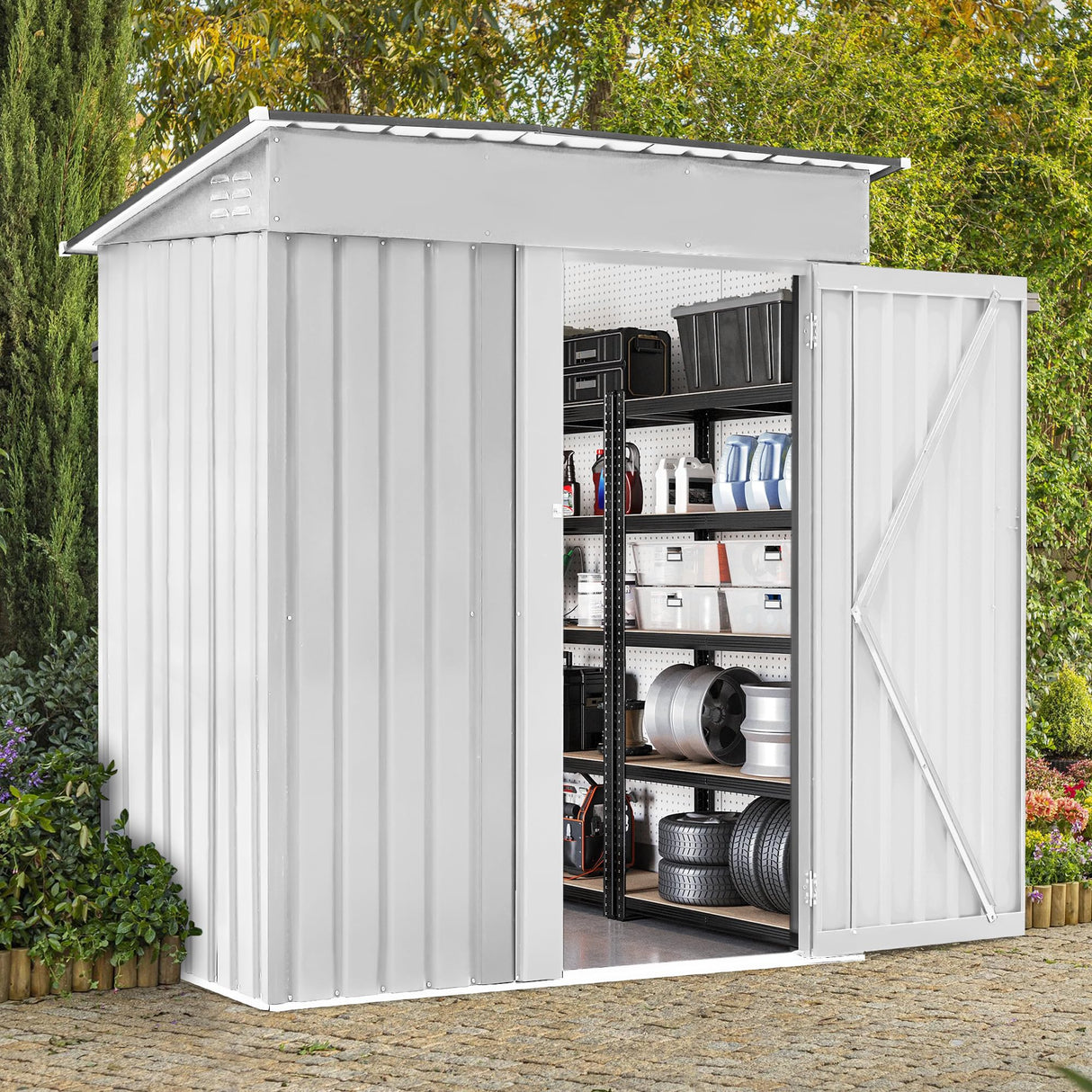 Zynfylus 5x3 FT Outdoor Storage Shed Garden Shed Tool Shed with Lockable Door and Sloping Roof, Durable Metal Storage Shed for Backyard, Outside, Patio, White Zynfylus
