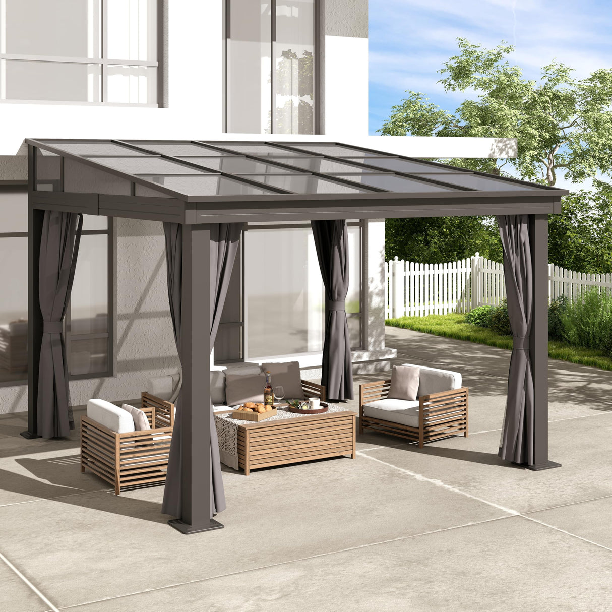 10'x10' Lean to Gazebo, Wall Mounted Gazebo with Aluminum Frame, Curtains and Netting for Patio,Decks, Garden and Lawn HOWSVN