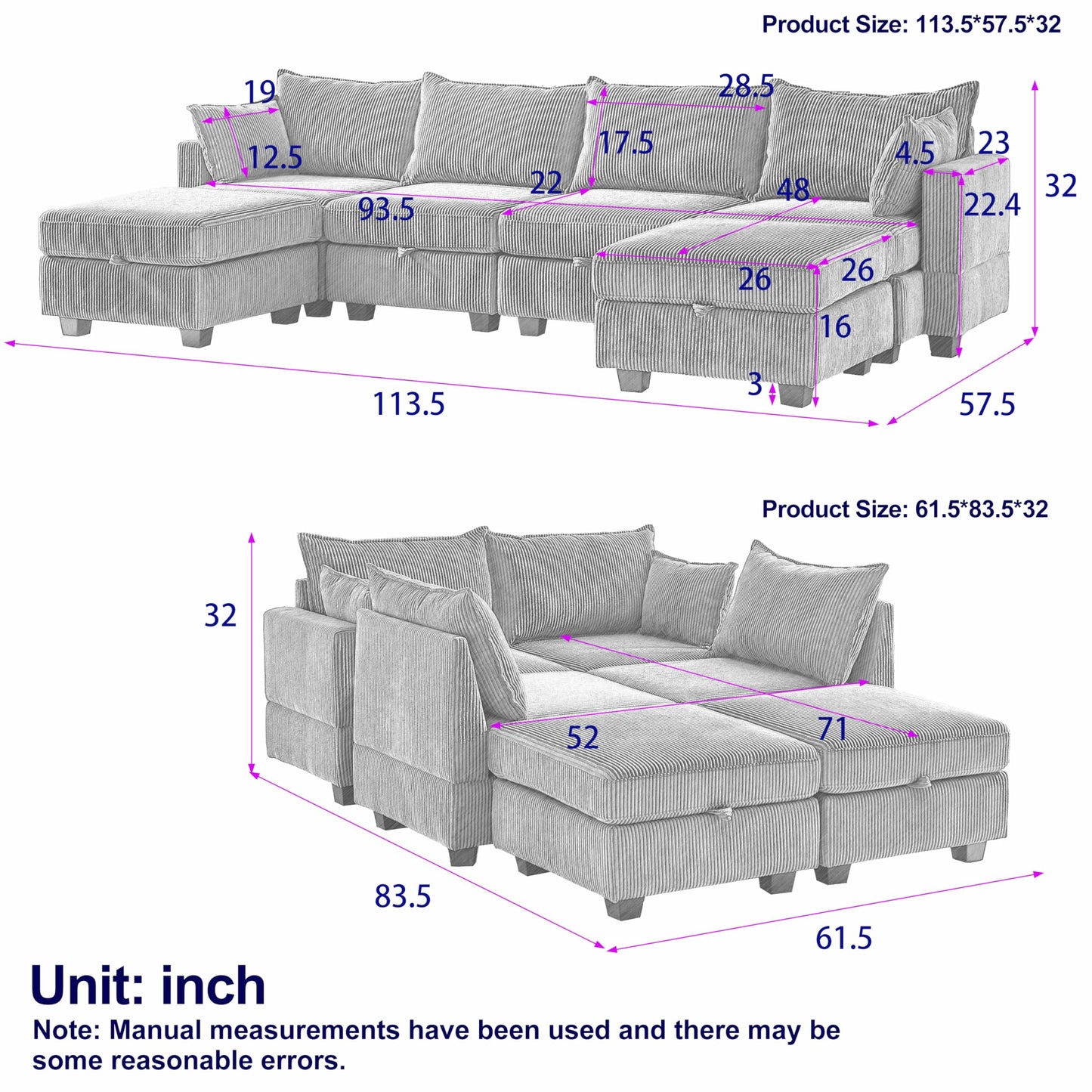 6 Seater Oversized Free Combination Convertible Modular Sectional Sofa, U / L Shaped Extra Large Corduroy Reversible Sleeper Corner Couch with Storage and Movable Ottomans for Living Room Apartment