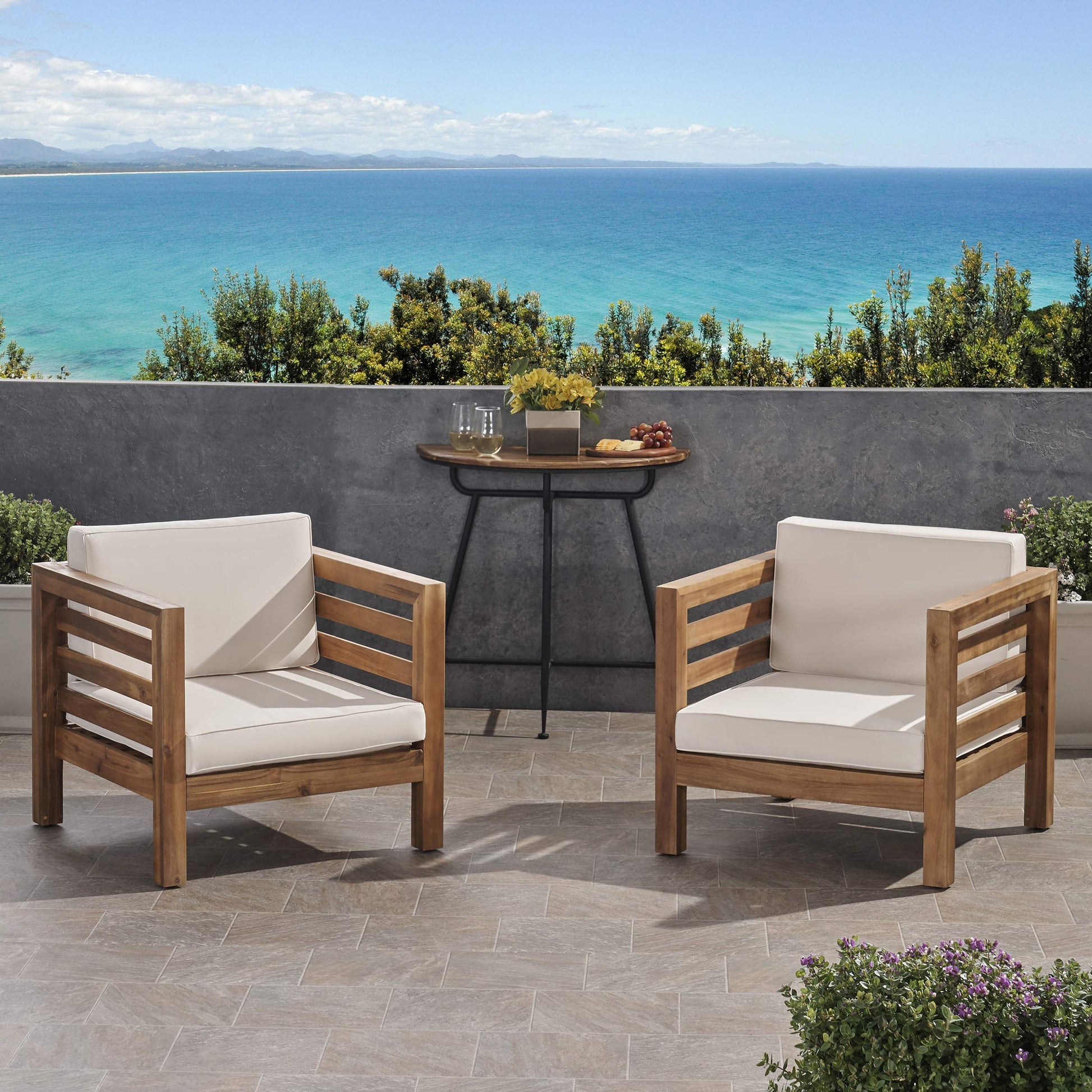 GDFStudio Louise Outdoor Acacia Wood Club Chairs with Cushions (Set of 2), Teak Finish and Beige - WoodArtSupply