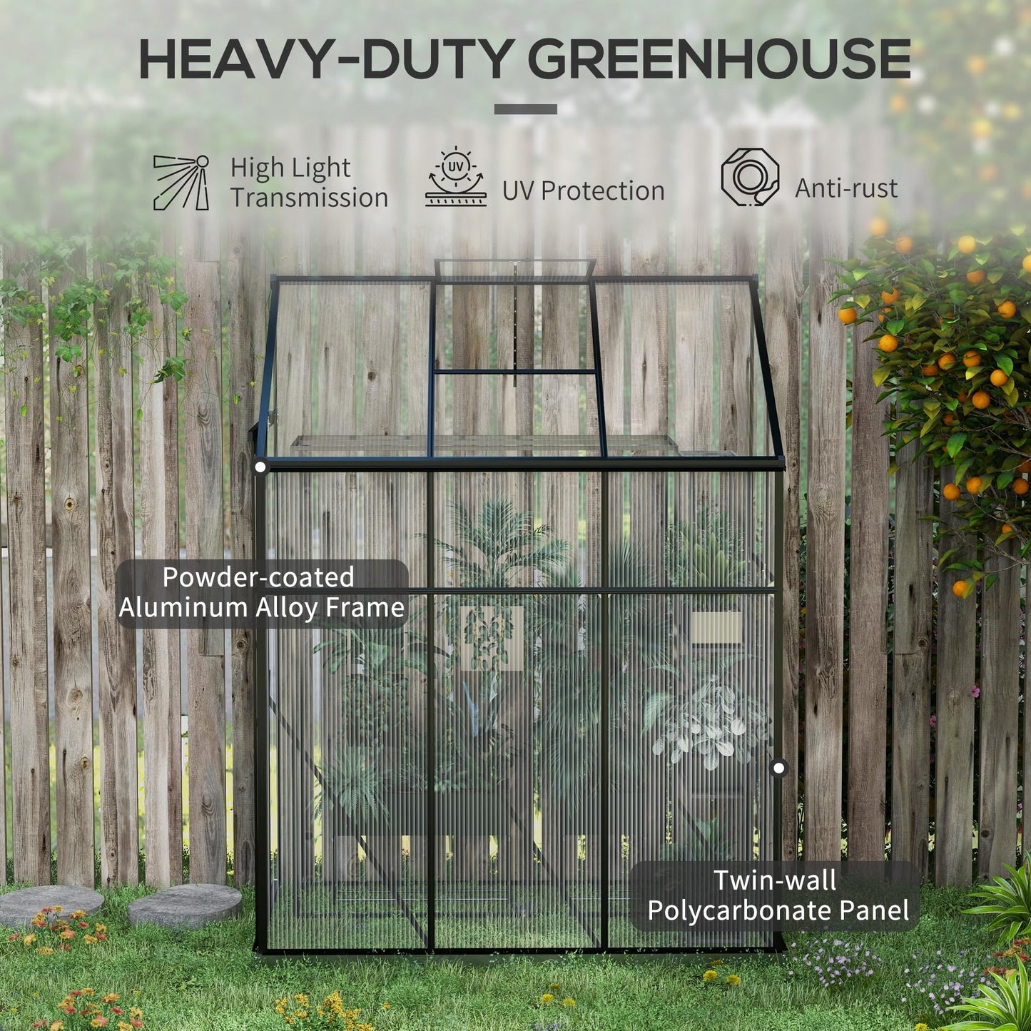 Outsunny 6' x 4' Lean-to Polycarbonate Greenhouse, Walk-in Hobby Green House with Sliding Door, 5-Level Roof Vent, Rain Gutter, Garden Plant Hot House with Aluminum Frame and Foundation, Blac - WoodArtSupply